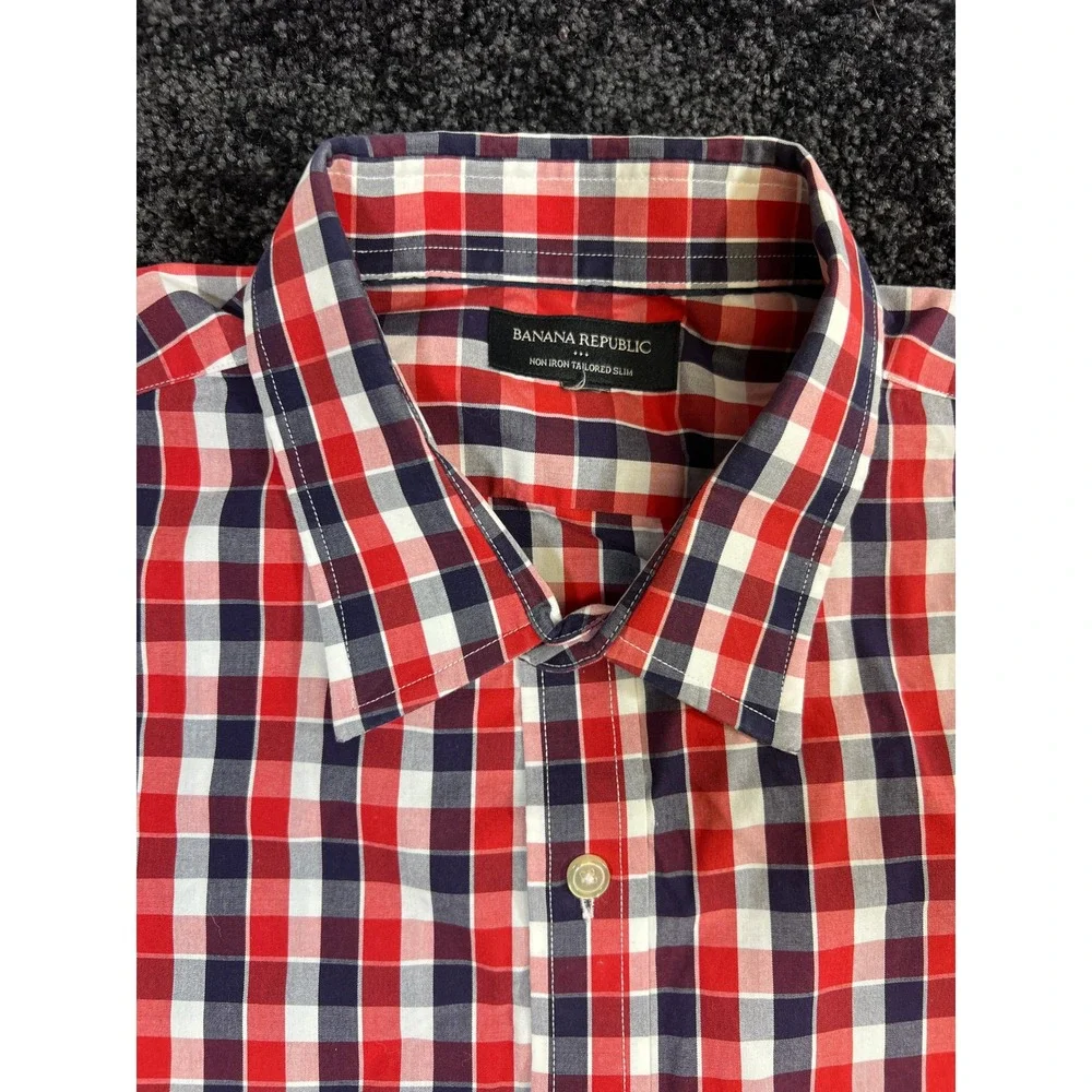 Mens Banana Republic Tailored Slim Fit Non Iron Red Blue Plaid Shirt No Size Tag